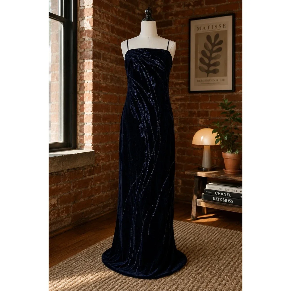 Vintage Navy Blue Velvet Glitter Gown Prom Formal Dress 6 Elegant Whimsigoth - Picture 1 of 10